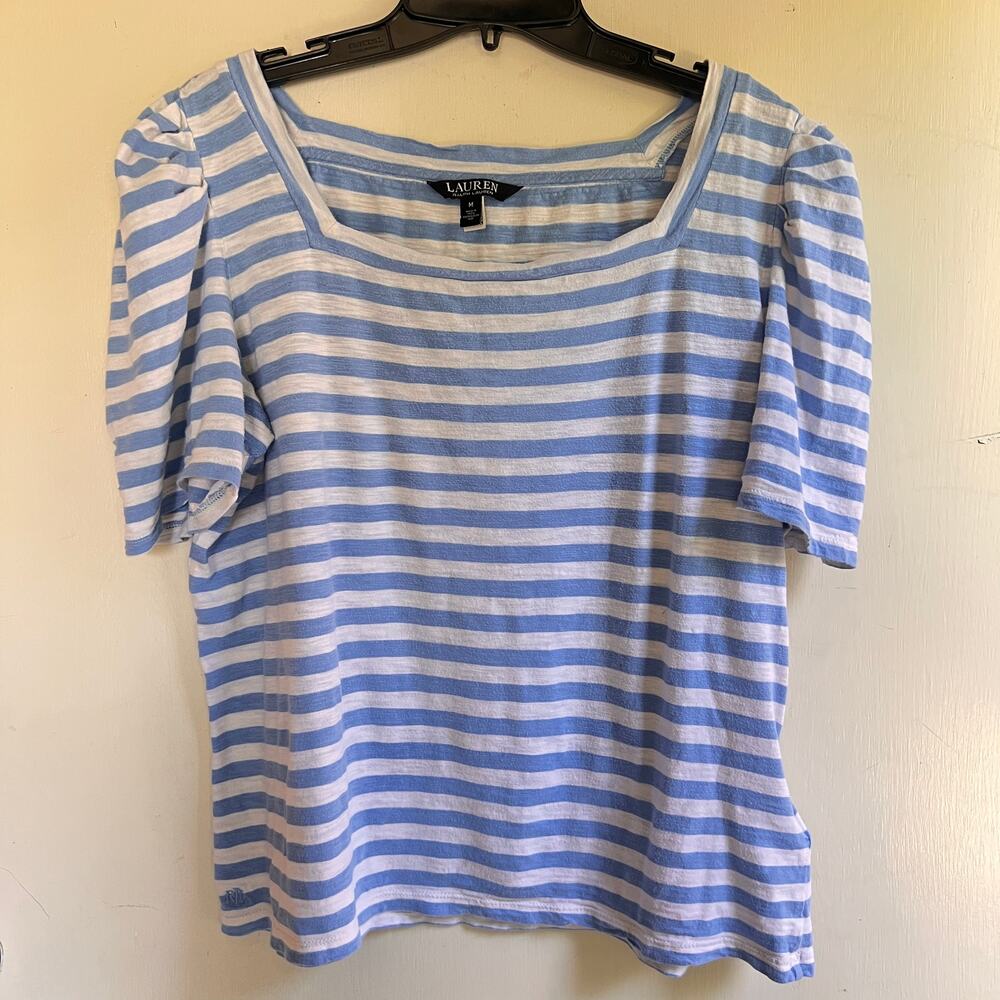 Lauren Ralph Lauren Blue White Striped Puff Sleeve Cotton Top M